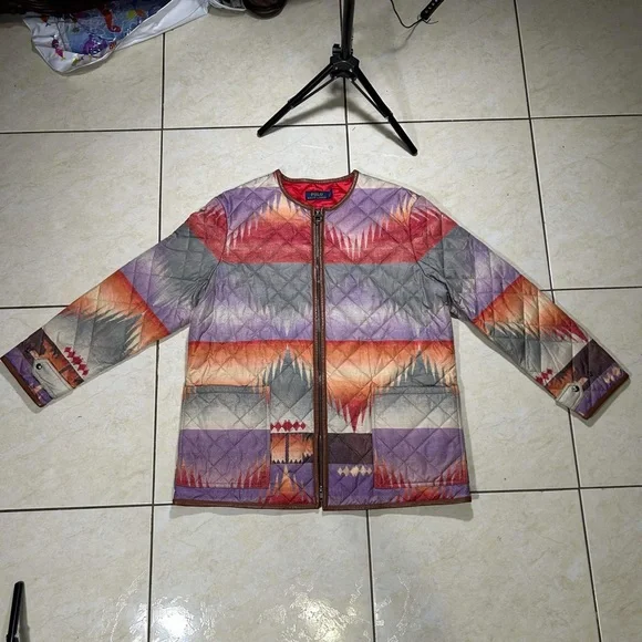 DAMAGE Polo Ralph Lauren Quilted Leather Trim Southwest Aztec Multi Color Jacket - Picture 1 of 12